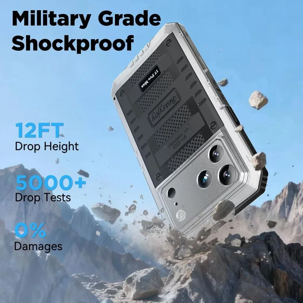 Beasyjoy iPhone 17 Pro Max Case Waterproof Heavy Duty Metal Rugged Cover Silver
